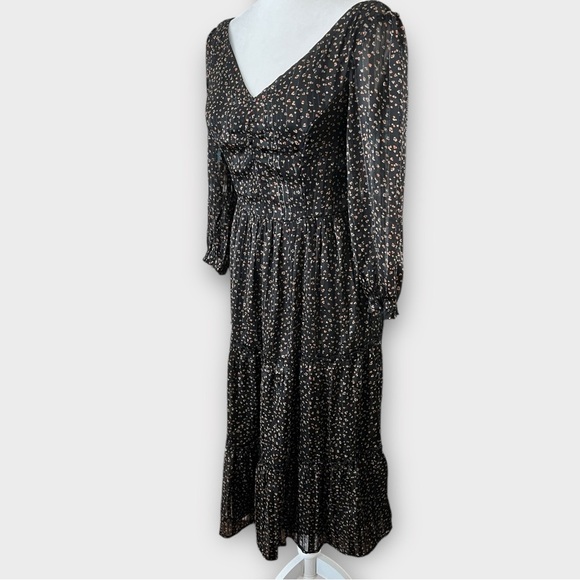 Japna Size Small Black Metallic Print Bohemian Peasant Tiered Midi Sheer Dress - Picture 2 of 11